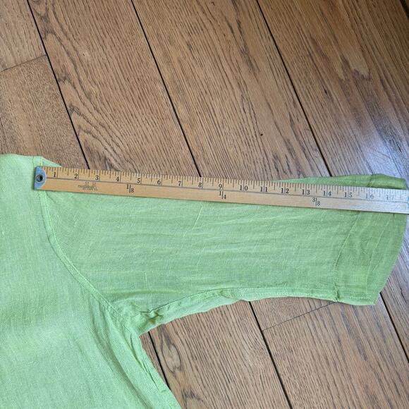 FLAX Chartreuse V Neck Linen Tunic SZ M Lagenlook Minimalist Classic Casual FLAW - Picture 7 of 9